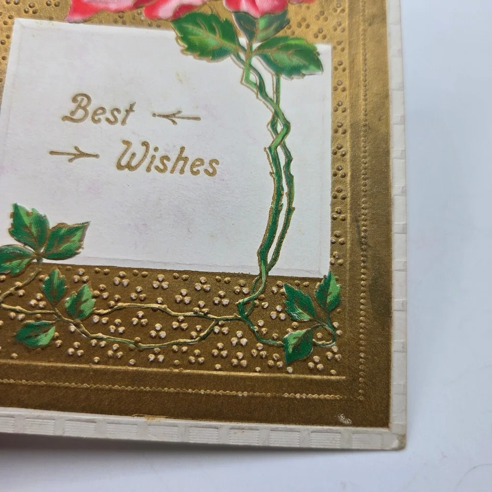 Antique Best Wishes Postcard Pink Floral Gold Embossed Made in Germany